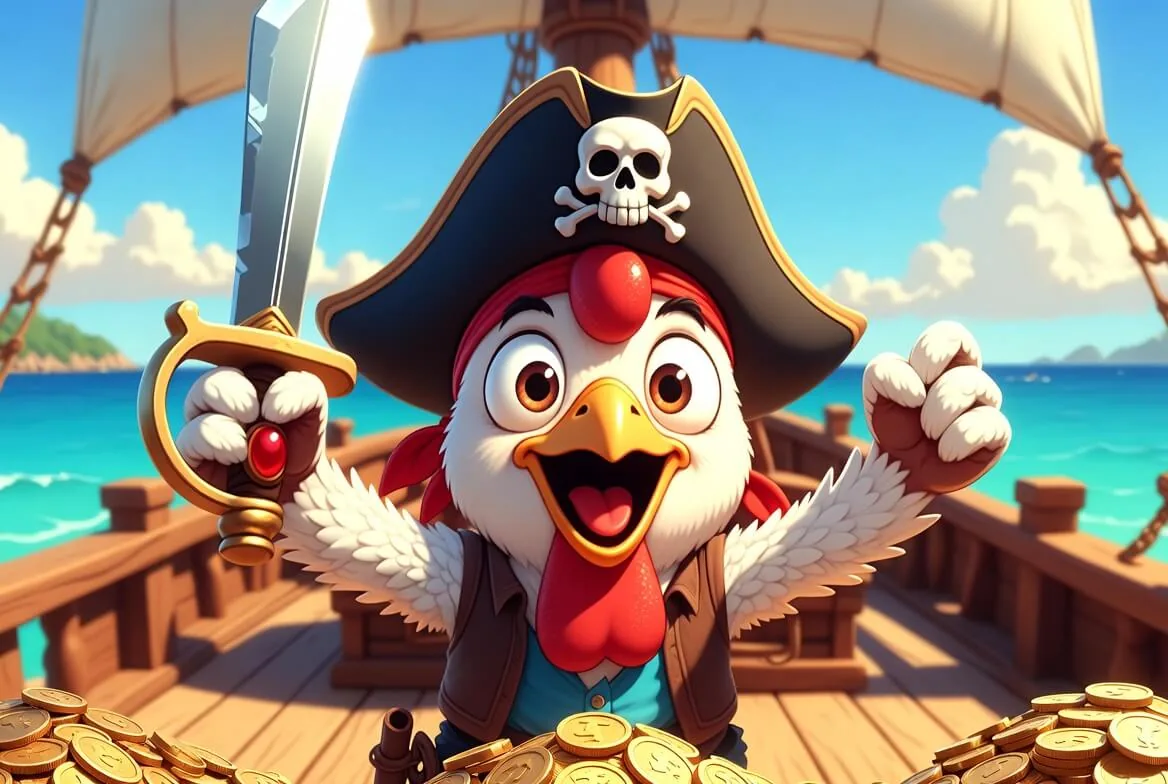 Chicken Pirate crash game showing a hen crossing a pirate plank as the multiplier climbs